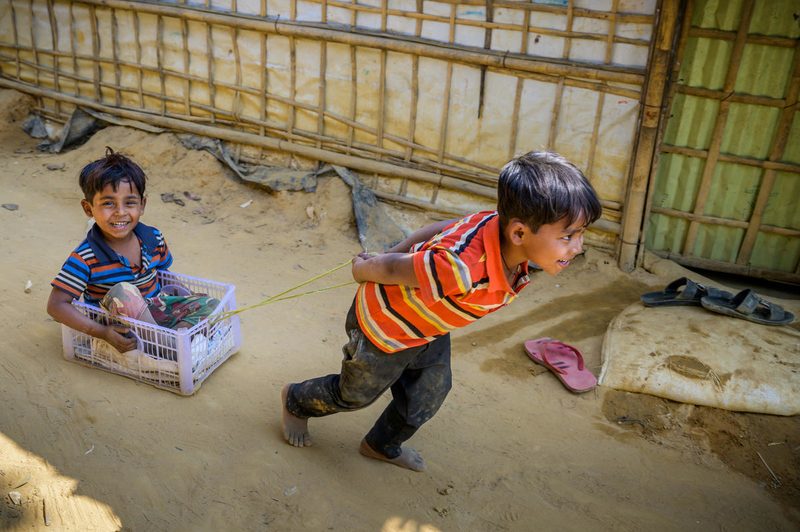 Two boys playing in Rohingya refugee camp