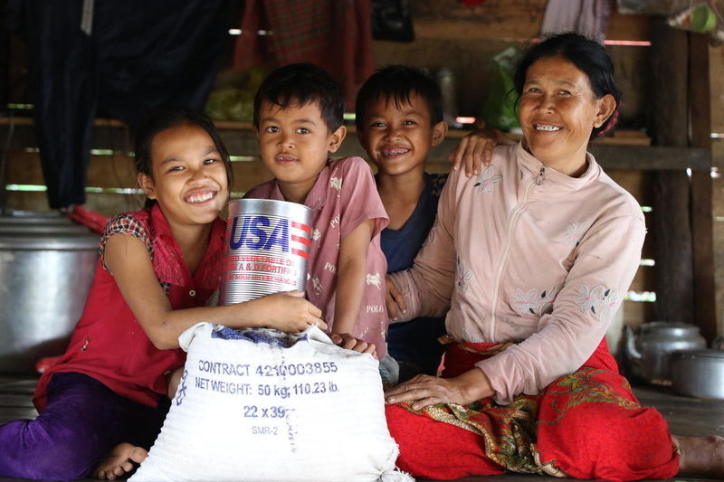 Family in Cambodia with U.S. food relief